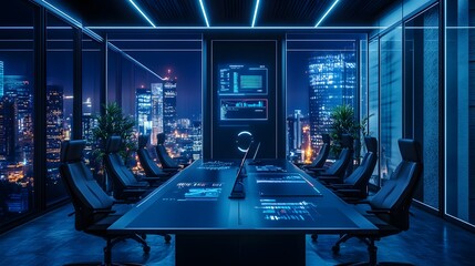 Poster - A futuristic meeting room featuring wearable AI trackers that manage 3D glowing project models and 2D performance indicators. 4k resolution, Cinematic Scene