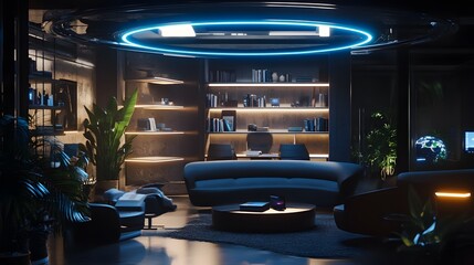 Poster - A coworking hub showcasing wearable smartbands activating 3D glowing collaborative hubs and 2D task prioritization insights. 4k resolution, Cinematic Scene