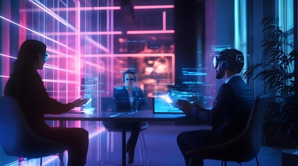 Poster - A coworking hub showcasing wearable smartbands activating 3D glowing collaborative hubs and 2D task prioritization insights. 4k resolution, Cinematic Scene