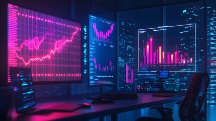 Poster - A modern office showcasing AI-driven 3D glowing graphs of productivity metrics with 2D real-time updates. 4k resolution, Cinematic Scene