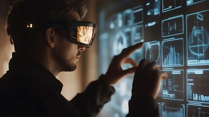 Poster - A professional using AI-driven augmented reality glasses to interact with 3D glowing task boards and 2D project timelines. 4k resolution, Cinematic Scene