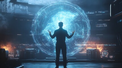 Leinwandbilder - A professional presenting an AI-driven strategy with 3D holographic predictive models and 2D insights. 4k resolution, Cinematic Scene