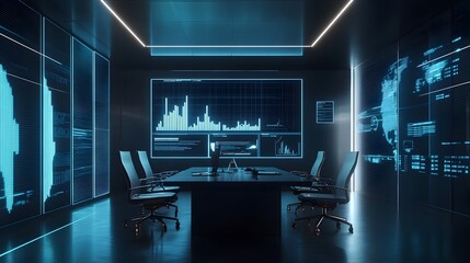 Poster - A minimalist office with AI-driven 3D financial projections and 2D glowing annotations for strategic insights. 4k resolution, Cinematic Scene