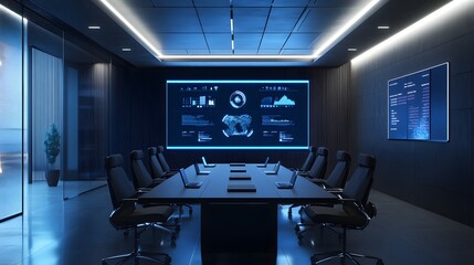 Poster - A sleek meeting room where professionals interact with AI-powered 3D dashboards and 2D feedback icons. 4k resolution, Cinematic Scene