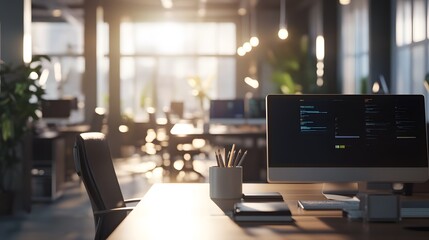 Poster - A corporate workspace showcasing AI-driven 3D productivity models with 2D glowing visual summaries. 4k resolution, Cinematic Scene
