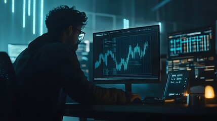 Poster - A professional analyzing AI-powered 3D financial tools with 2D glowing profitability charts. 4k resolution, Cinematic Scene