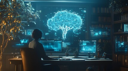 Poster - A professional using AI-generated 3D holographic tools to streamline workflows with 2D glowing metrics. 4k resolution, Cinematic Scene
