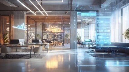 Poster - A futuristic co-working hub featuring AI-powered 3D holographic schedules with 2D task visualizations. 4k resolution, Cinematic Scene