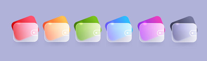 Glass morphism wallet icon set in various color. Vector payment element illustration