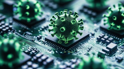 Poster - Close-Up View of a Virus Model Superimposed on a Computer Chip, Representing the Intersection of Technology and Health in Digital Environments