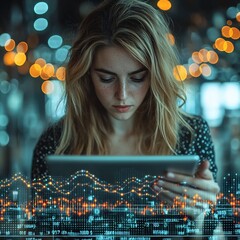 Poster - Businesswoman Analyzing Holographic Financial Data on Tablet in Modern Office