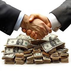Poster - Business Capital Investors Shaking Hands Over Pile of Currency Symbolizing Agreement