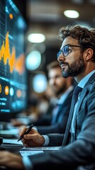 Poster - business investors discussing capital allocation for global project in conference room