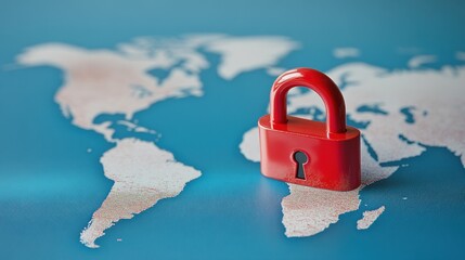 Poster - Red padlock resting on a world map symbolizing global security, privacy concerns, and protection of information in a digital age with modern technology considerations
