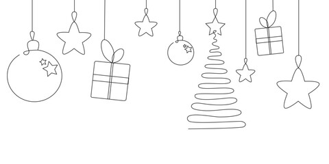 Vector Christmas garland in line art style. Festive sketch. Gift box, balls, tree, bell isolated on white background. Continuous line drawing christmas toys