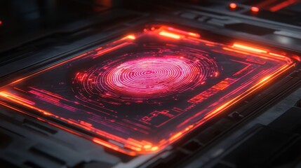 Poster - Futuristic Digital Fingerprint Display on High-Tech Interface in Neon Colors with Glowing Lines and Data Elements Representing Modern Security Technology