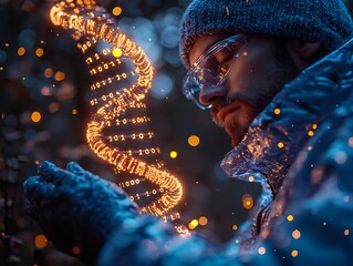 Poster - scientist observing dna strand with encoded binary data in minimalist space concept