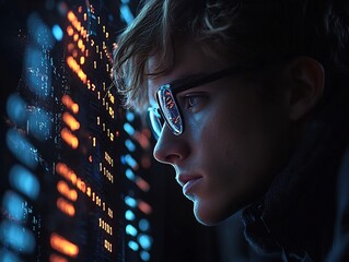 Poster - scientist examining digitalized dna strands and encoded binary files in minimalist futuristic space
