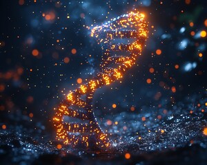 Poster - floating dna strand storing digital data with glowing binary code representing future tech
