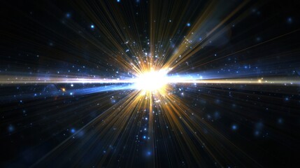 bright digital lens flare radiating from the center with beams of light stretching outward in variou