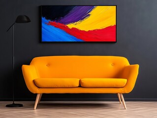 Wall Mural - A yellow couch sitting in front of a painting on a wall