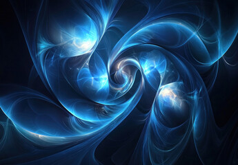 Poster - abstract digital illustration in cool blue tones, reminiscent of energy flows or glowing waves intertwined in swirls.  