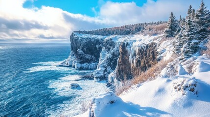 Icy winter coastal cliff, snow-covered shoreline, frozen ocean waves, evergreen trees.