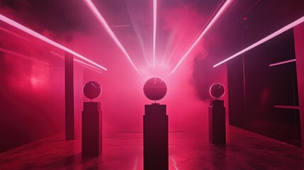 Poster - Futuristic Art Installation with Neon Lights and Smoke Creating an Atmospheric Scene in a Dimly Lit Space Featuring Three Spheres on Pedestals with Striking Pink Lighting Effects