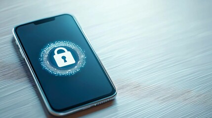 Poster - Mobile payment security protection. A smartphone displaying a digital lock icon, symbolizing security and privacy on a wooden surface.