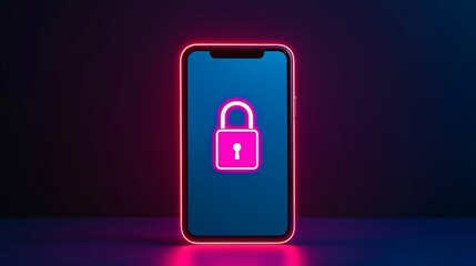 Poster - Mobile payment security protection. A smartphone displays a glowing lock icon on its screen, symbolizing digital security and privacy in a vibrant blue and pink color scheme.