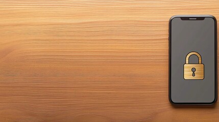 Poster - Mobile payment security protection. A smartphone displaying a padlock icon on a wooden surface, symbolizing security and privacy.