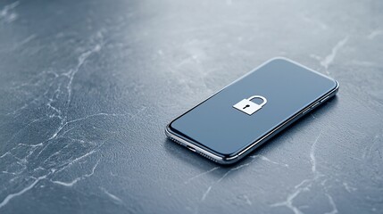 Poster - Mobile payment security protection. A sleek smartphone with a security lock icon displayed on its screen, resting on a textured dark surface, symbolizing digital security and privacy.