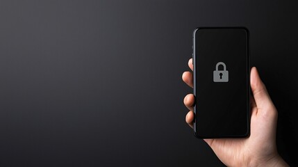 Fototapete - mobile payment security protection. a hand holds a locked smartphone against a dark background, symb