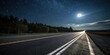 © Chanchai - A dark asphalt highway with reflective road markings at night, set against a moonlit sky with stars in the background, moonlight, truck, road