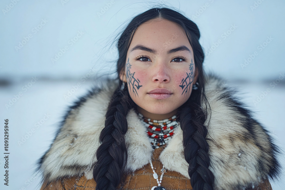 Wolf Ruff Inuit woman with long black braided hair and traditional face tattoos ...