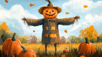 Wall Mural - scarecrow in the pumpkin field