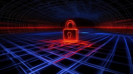 Poster - Futuristic Neon Lock Symbol in a Digital Landscape Representing Cybersecurity and Data Protection with Grid Lines and Glowing Effects