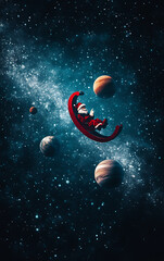 santa ridingrobotic sleigh shaped likegiant candy cane, zooming past planets in space, printspace ,m