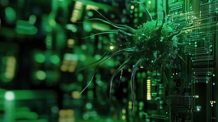 Poster - Futuristic Digital Microbes Interacting with Circuit Board in Shades of Green, Highlighting Technology and Biotechnology Integration in a Sci-Fi Environment