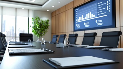 Poster - A modern conference room featuring a large table, chairs, a screen displaying graphs, and a plant, designed for professional meetings and presentations.