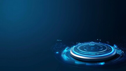 Poster - A circular, glowing blue disc sits on a dark background, surrounded by subtle water effects, creating a futuristic and serene atmosphere.