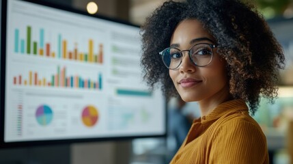 Poster - Confident Businesswoman Poses Near Data Charts