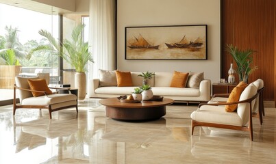 Wall Mural - Elegant Contemporary Living Room with Natural Light and Stylish Furniture Decor