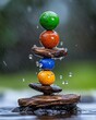 © Ai DreamscapesTH - Colorful Pebbles Stacked on Wood in Rain Zen Garden Balance Nature