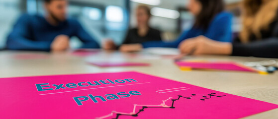 Poster - Execution phase document on table with people collaborating in modern office setting, showcasing teamwork and planning