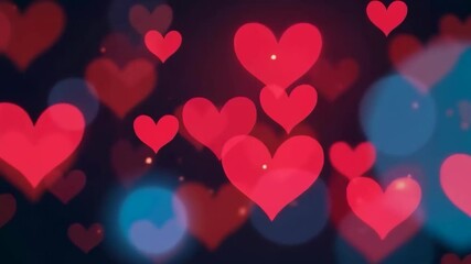 Wall Mural - Many red hearts gently floating and sparkling against a dark background, creating a romantic and dreamy atmosphere. A romantic Valentine's Day animation of hearts. 