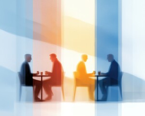 Poster - Business meeting coffee shop professional discussion urban setting close-up view collaboration