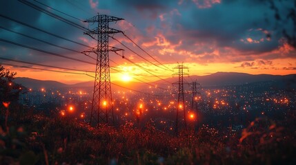 Poster - glowing power lines transmitting clean energy across a vibrant cityscape at sunset