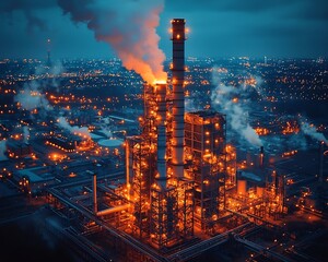 Poster - aerial view of illuminated power plant connected to smart grid network at night