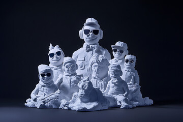 Group of snowmen wearing quirky accessories like sunglasses, headphones, and bow ties, posing as